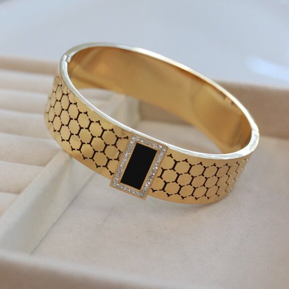 16.8mm Black/Gold with Rhinestone Behive Style Bangle Bracelet Stainless Steel - Picture 3 of 5